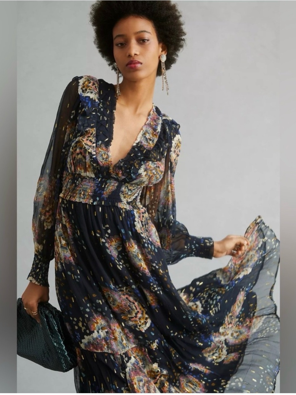 SOLD OUT Anthropologie Navy Floral Maxi Dress with Sheer Long Sleeves